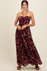 Black Printed Halter Cross Back Maxi Dress