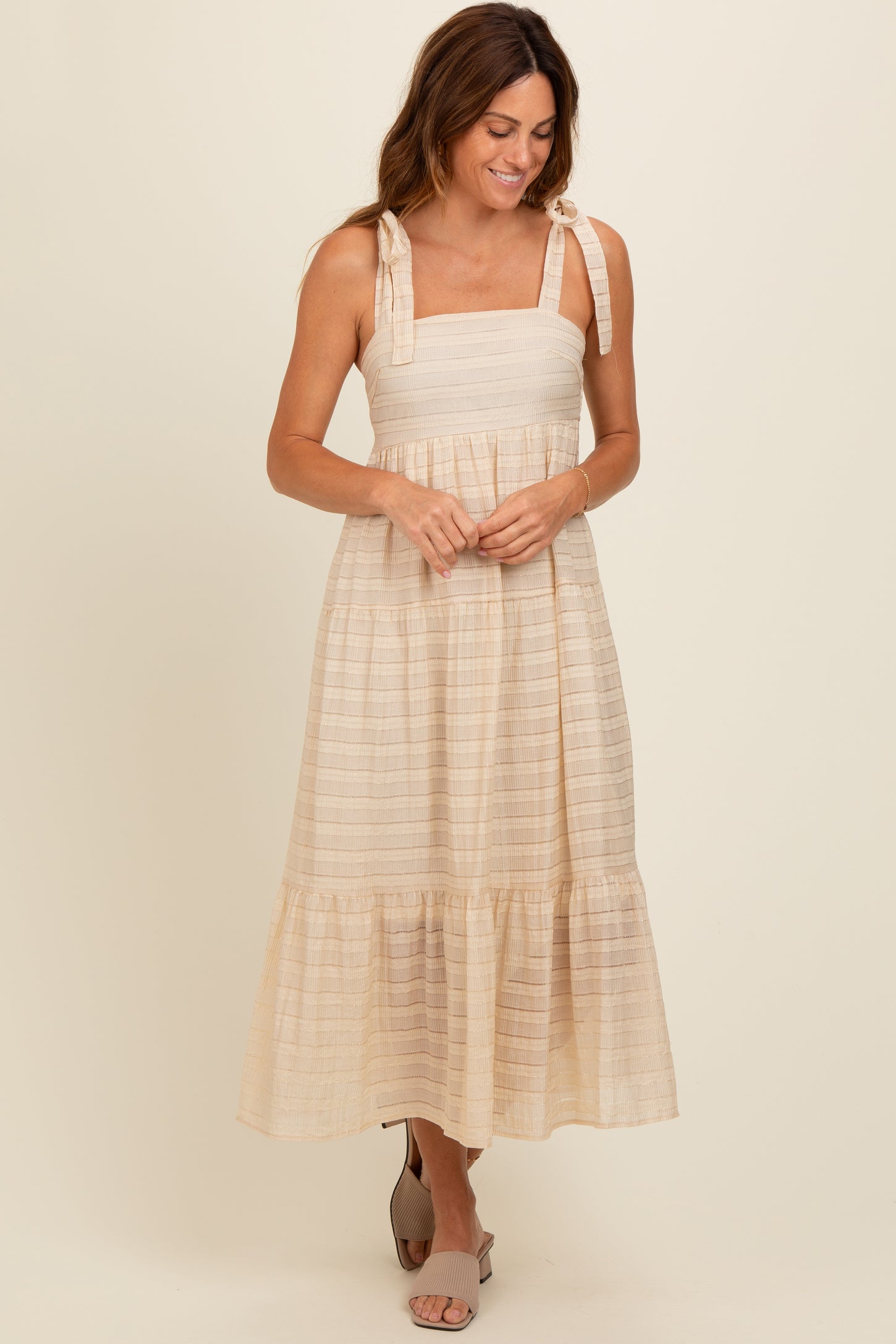 Cream Gingham Shoulder Tie Maternity Dress