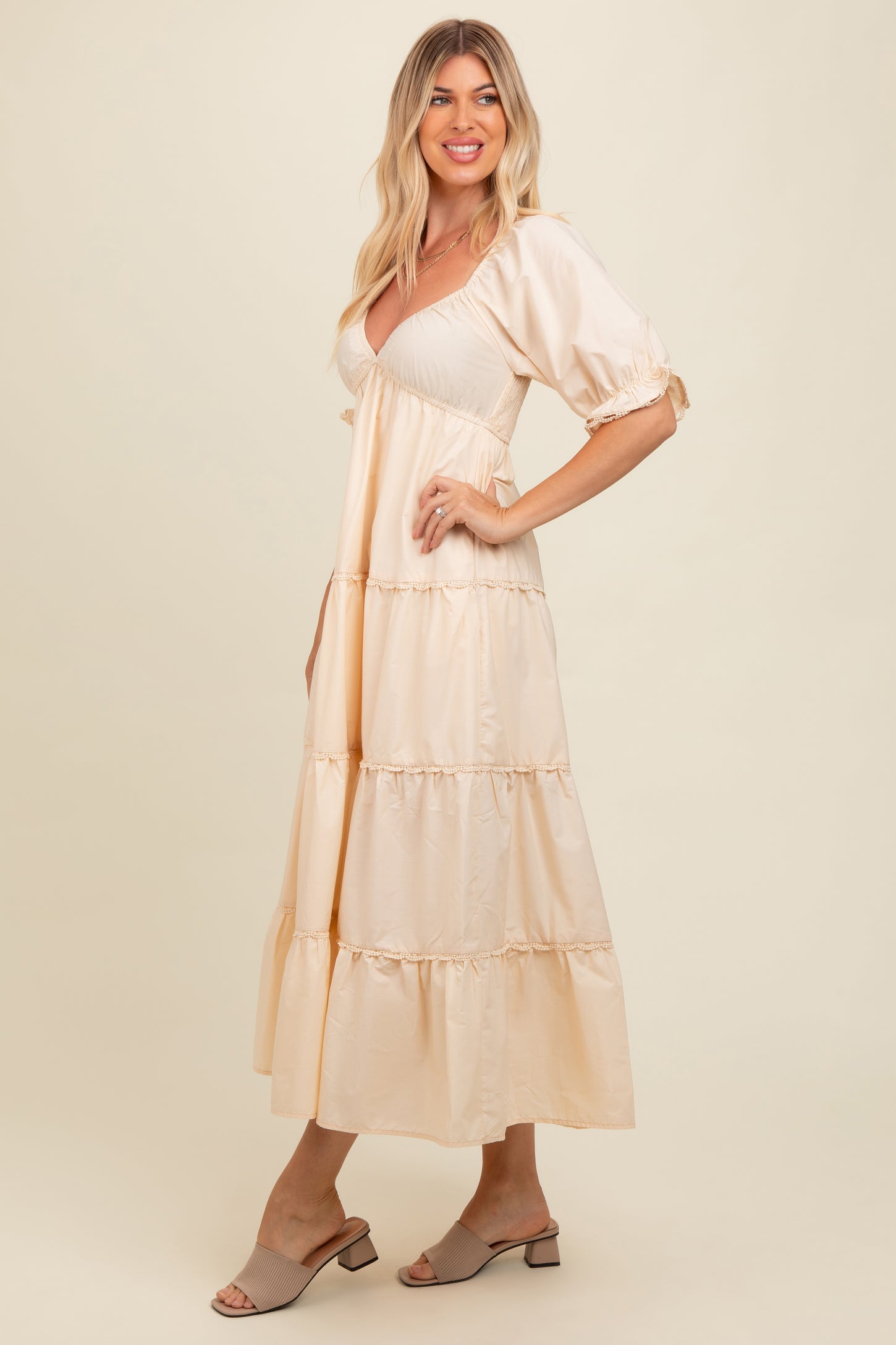 Cream Deep V-Neck Tiered Maxi Dress