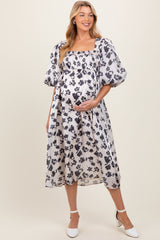 Ivory Satin Floral Smocked Maternity Midi Dress