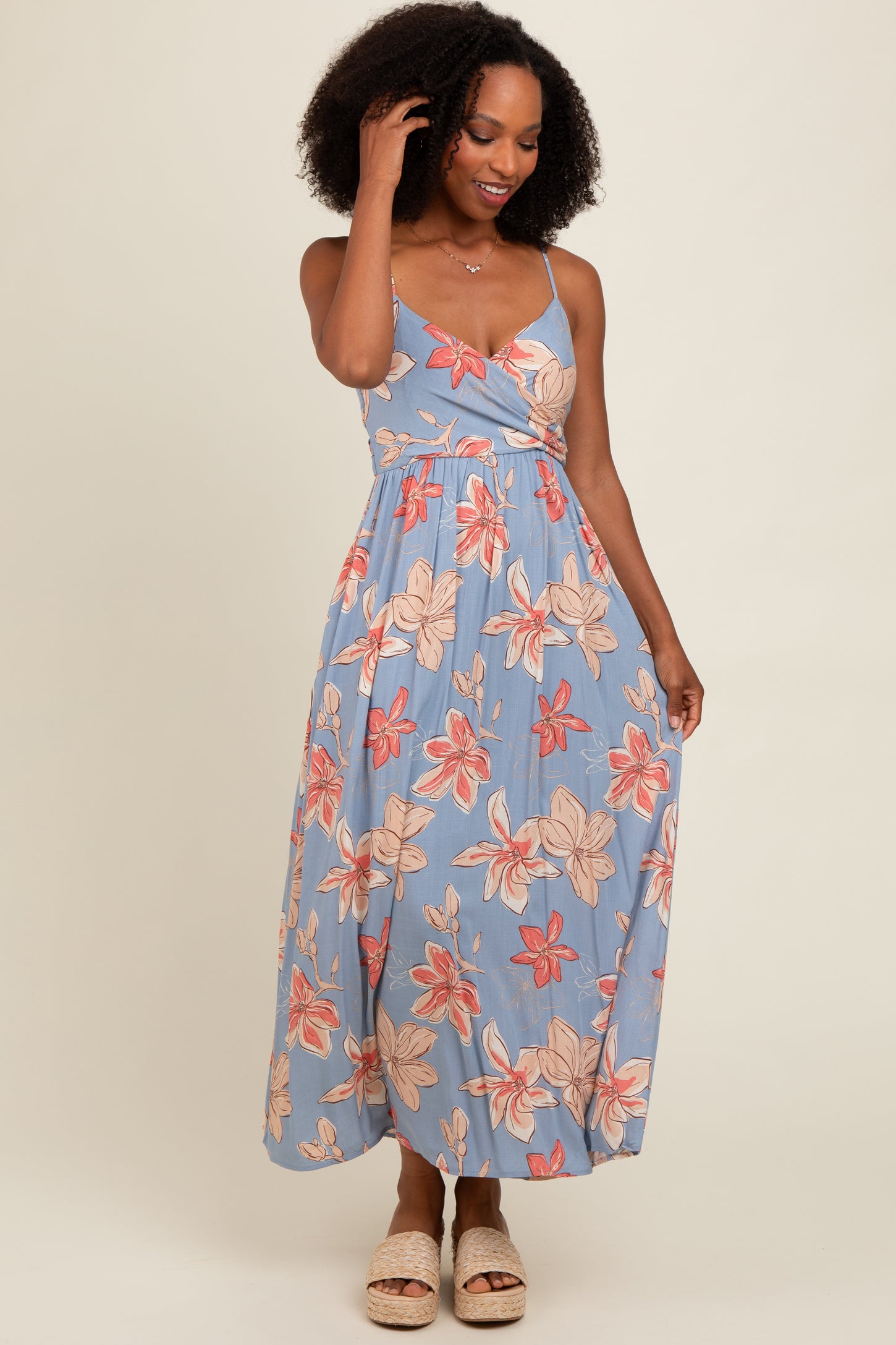 Blue Floral Crossover Neckline Maxi Dress