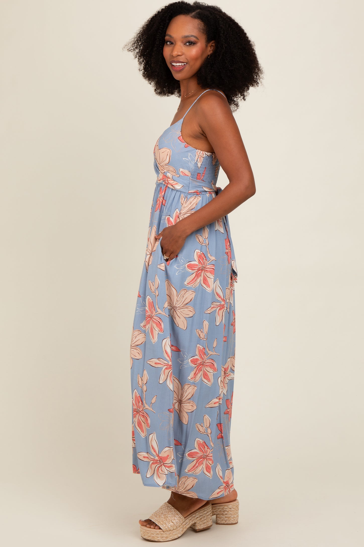 Blue Floral Crossover Neckline Maxi Dress