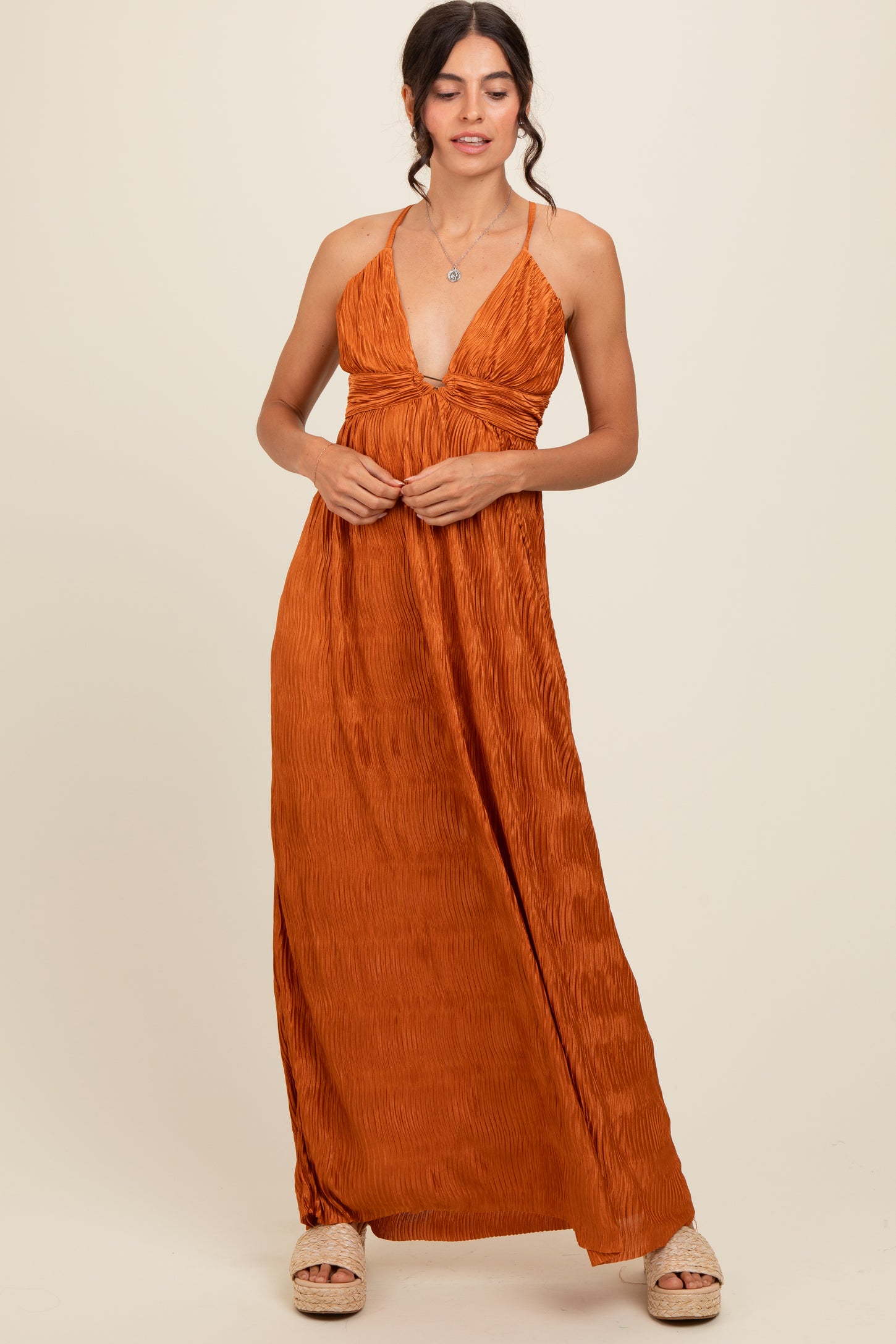 Camel Deep V-Neck Textured Satin Maxi Dress
