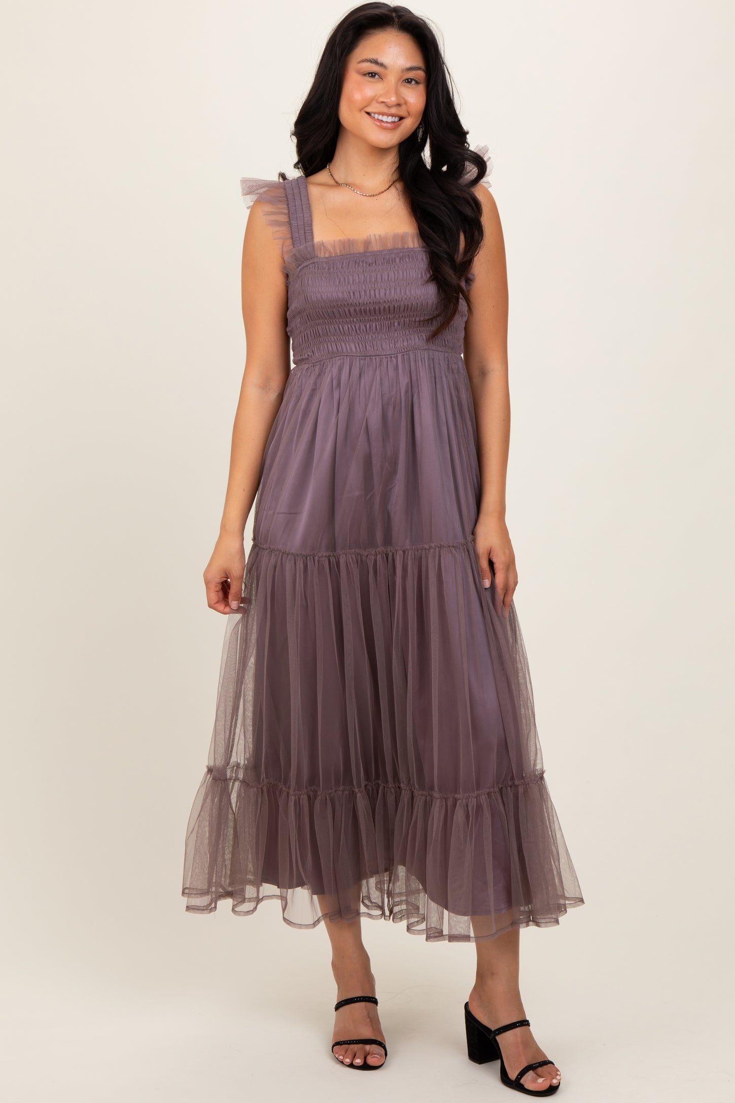 Mauve  Mesh Overlay Smocked Maternity Midi Dress
