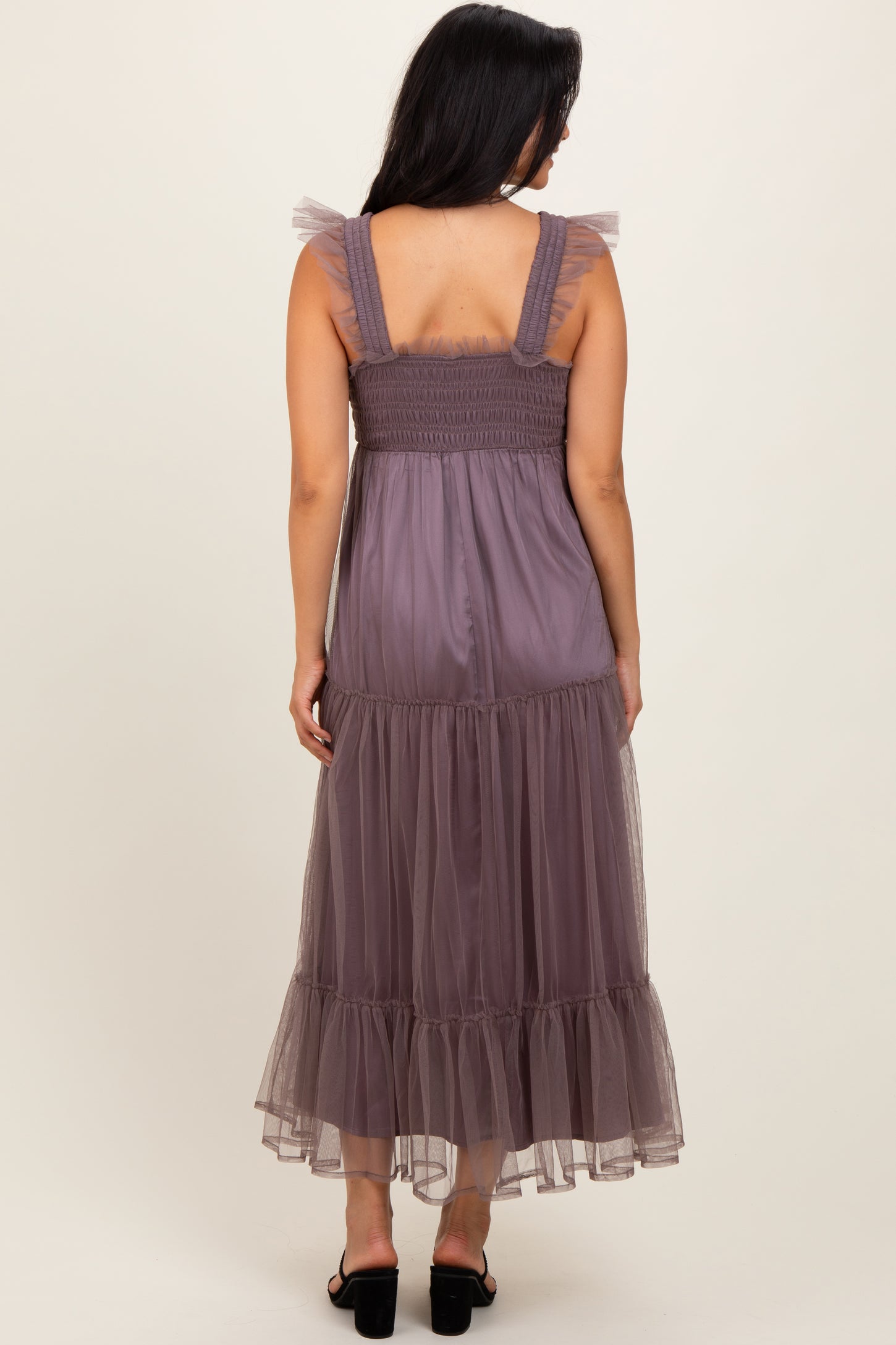 Mauve  Mesh Overlay Smocked Midi Dress