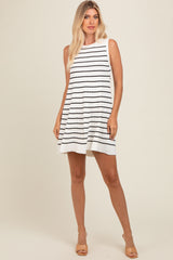 Ivory Striped Knit Pleated A-Line Mini Dress