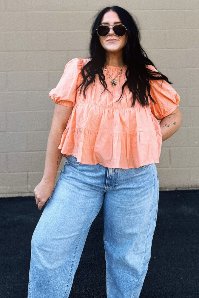Peach Fuzz Tiered Shirring Puff Sleeve Top