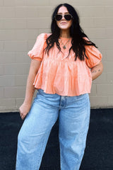 Peach Fuzz Tiered Shirring Puff Sleeve Top