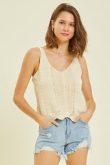 Cream Crop V-Neck Sweater Tank Top With Scalloped Hem