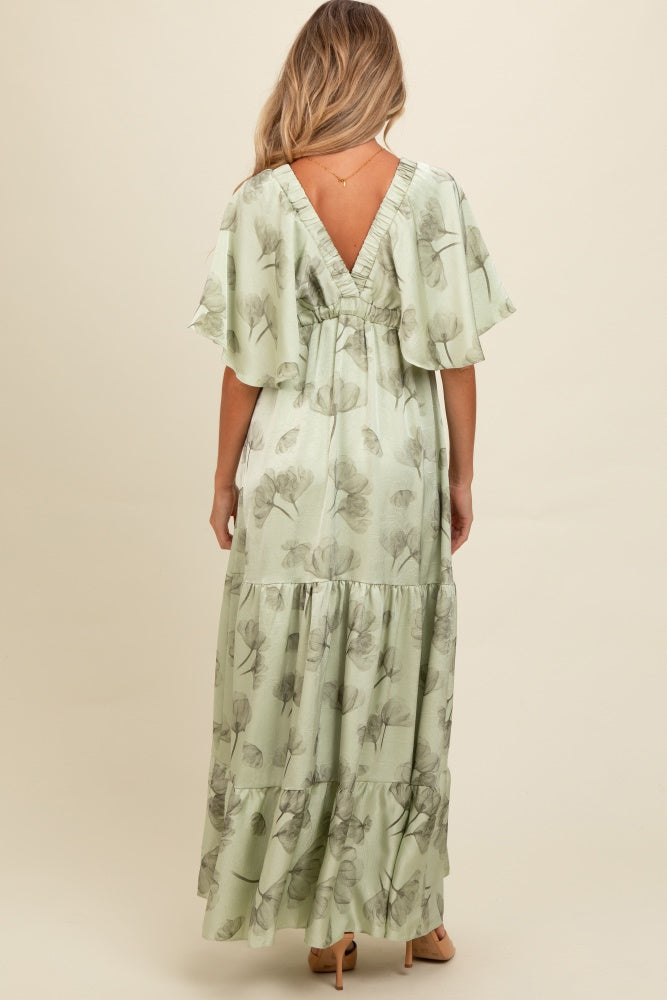 Light Olive Floral Deep V-Neck Maternity Maxi Dress