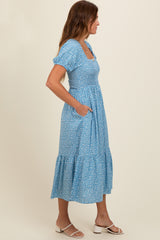 Blue Floral Smocked Ruffle Hem Midi Dress