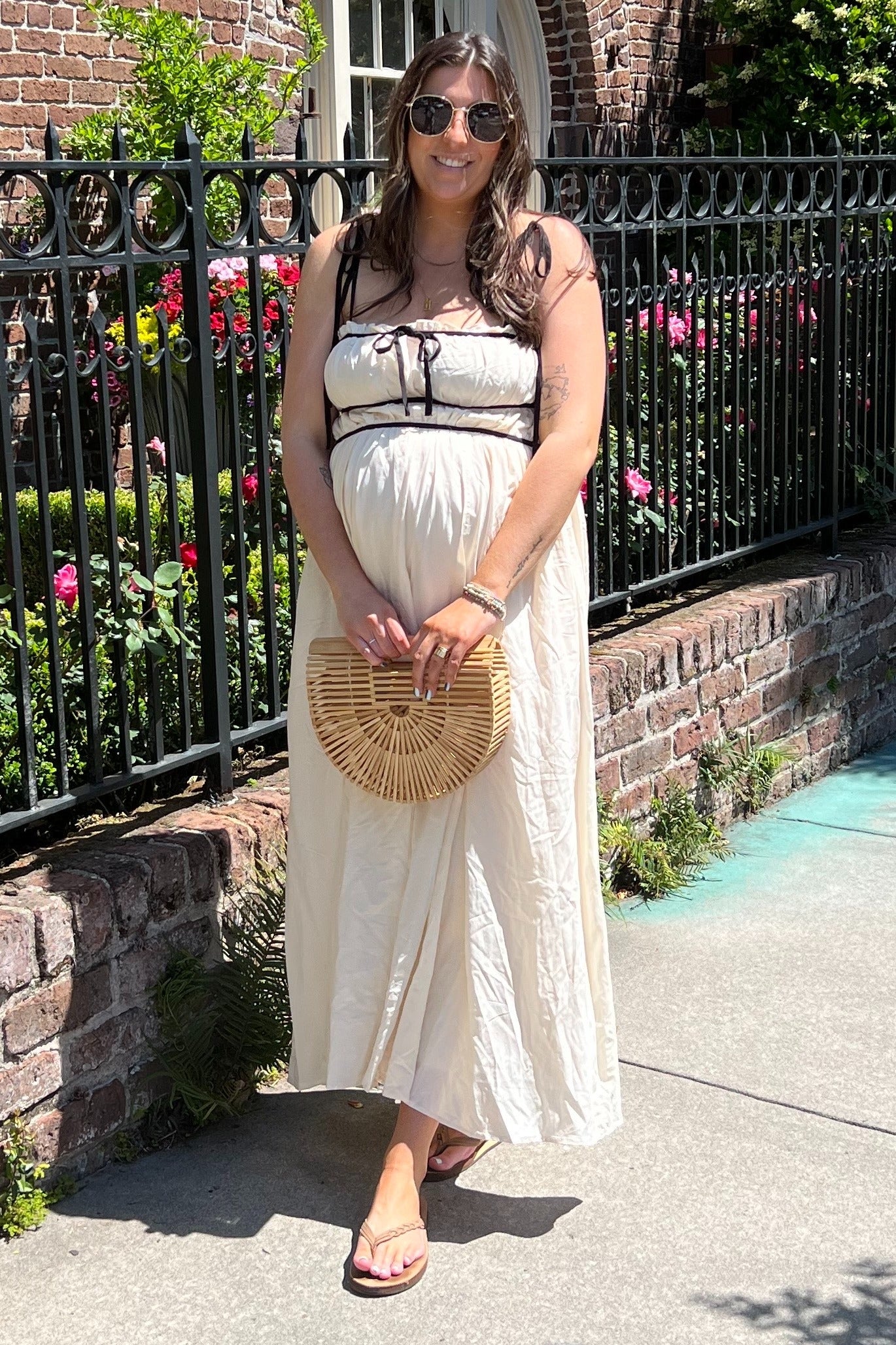 Cream Contrast Ribbon Trim Maternity Maxi Dress