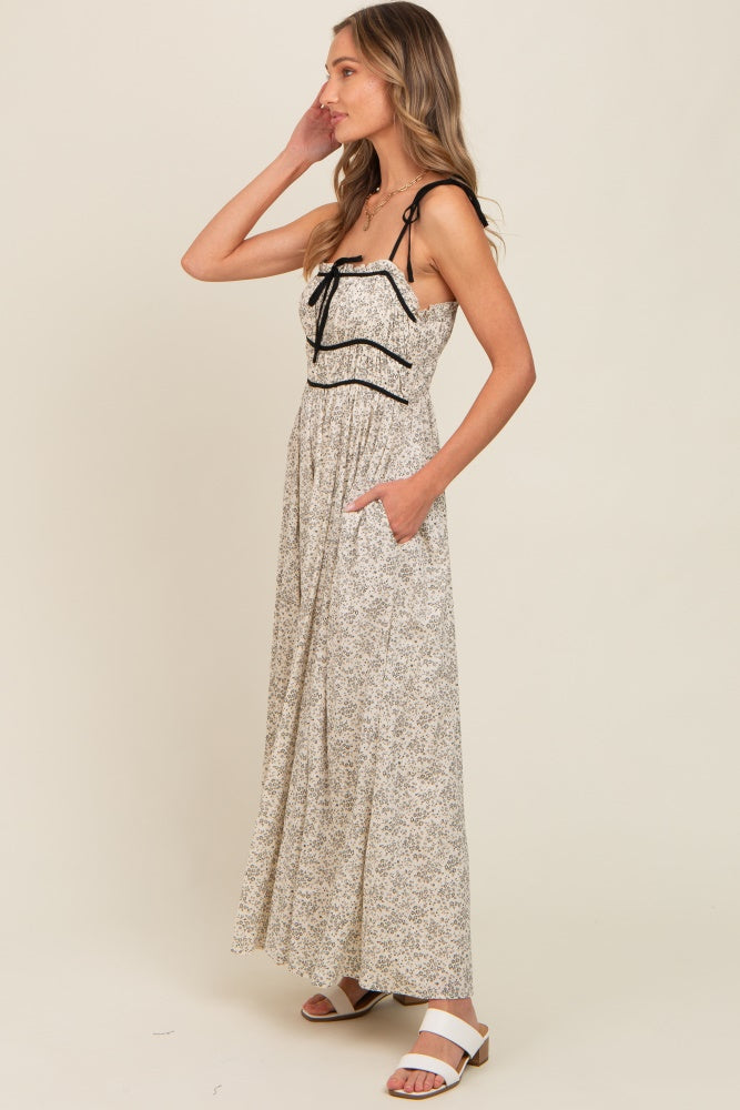 Cream Floral Contrast Ribbon Trim Maxi Dress