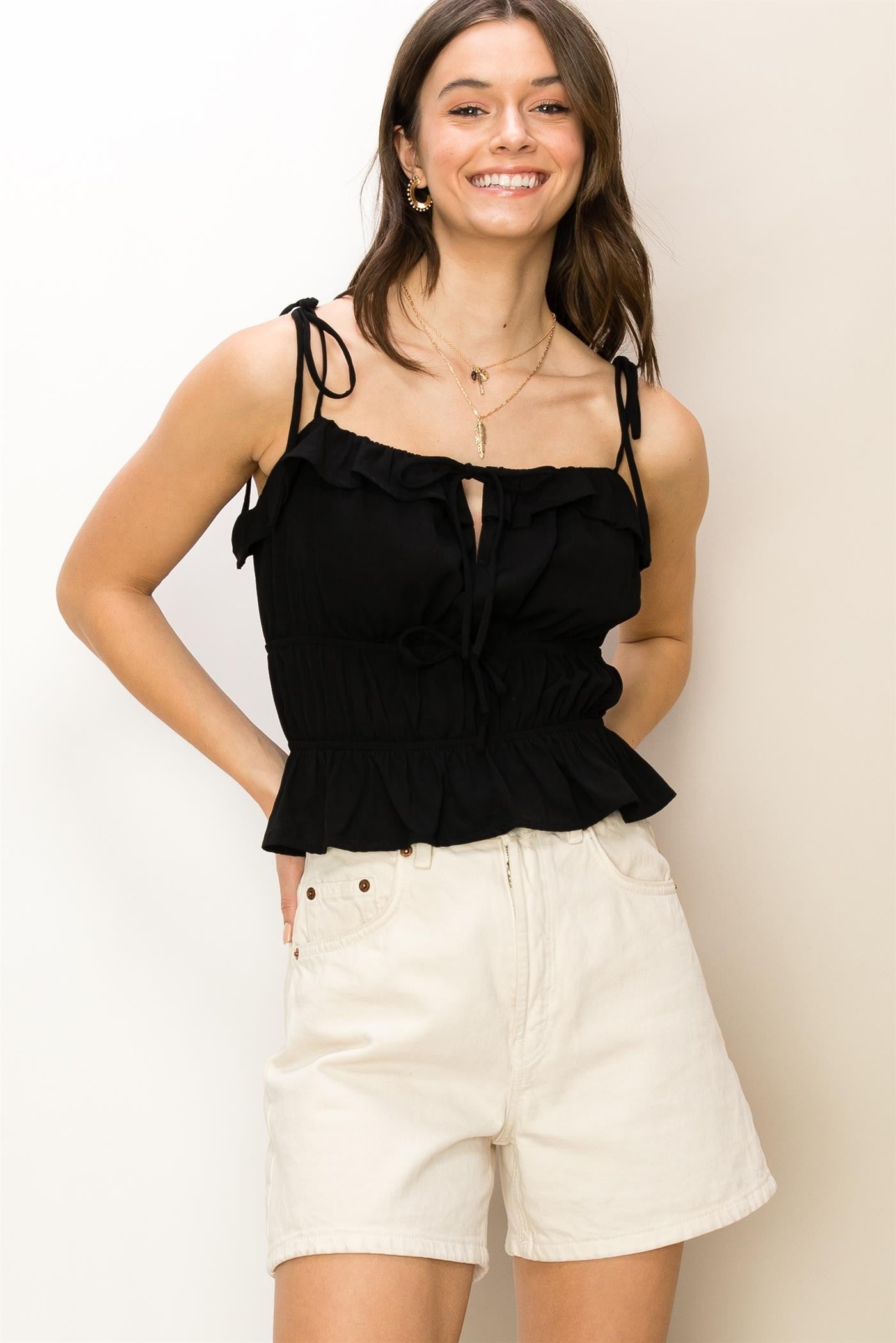 Black Tie-Shoulder Peplum Top