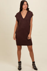 Brown Contrast Stitch V-Neck Maternity Mini Sweater Dress