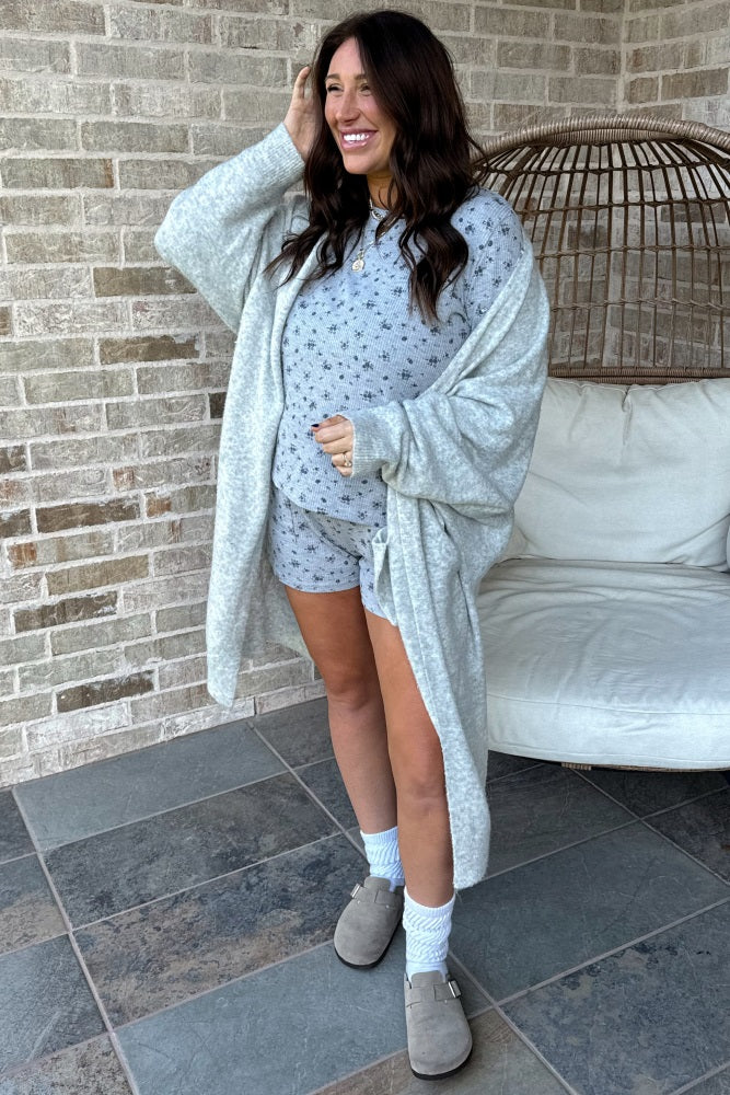 Heather Grey Floral Waffle Knit Shorts Set