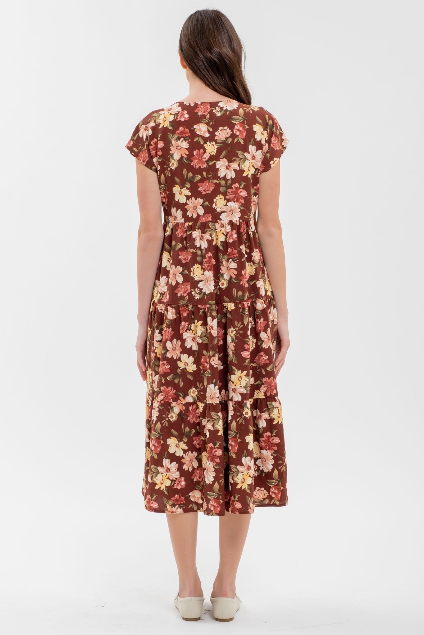 Burgundy Multi Button Down Tiered Floral V Neck Midi Dress