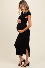 Black Knit Low Back Side Slit Maternity Dress