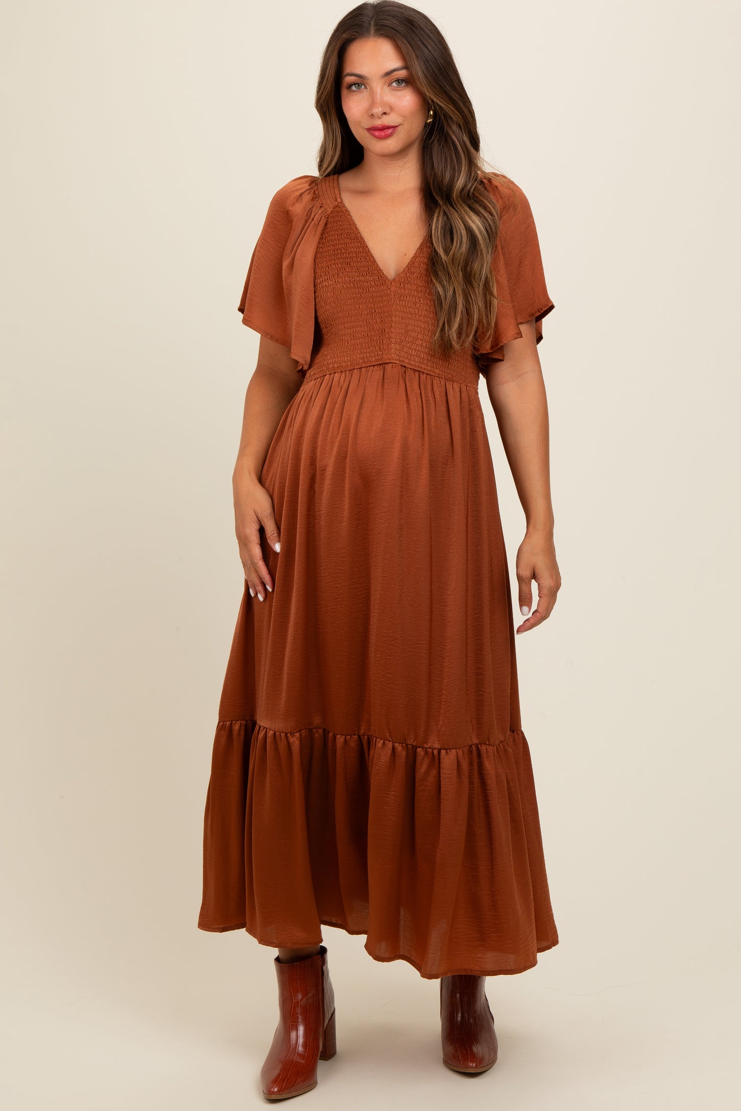 Camel Satin Smocked Maternity Midi Dress