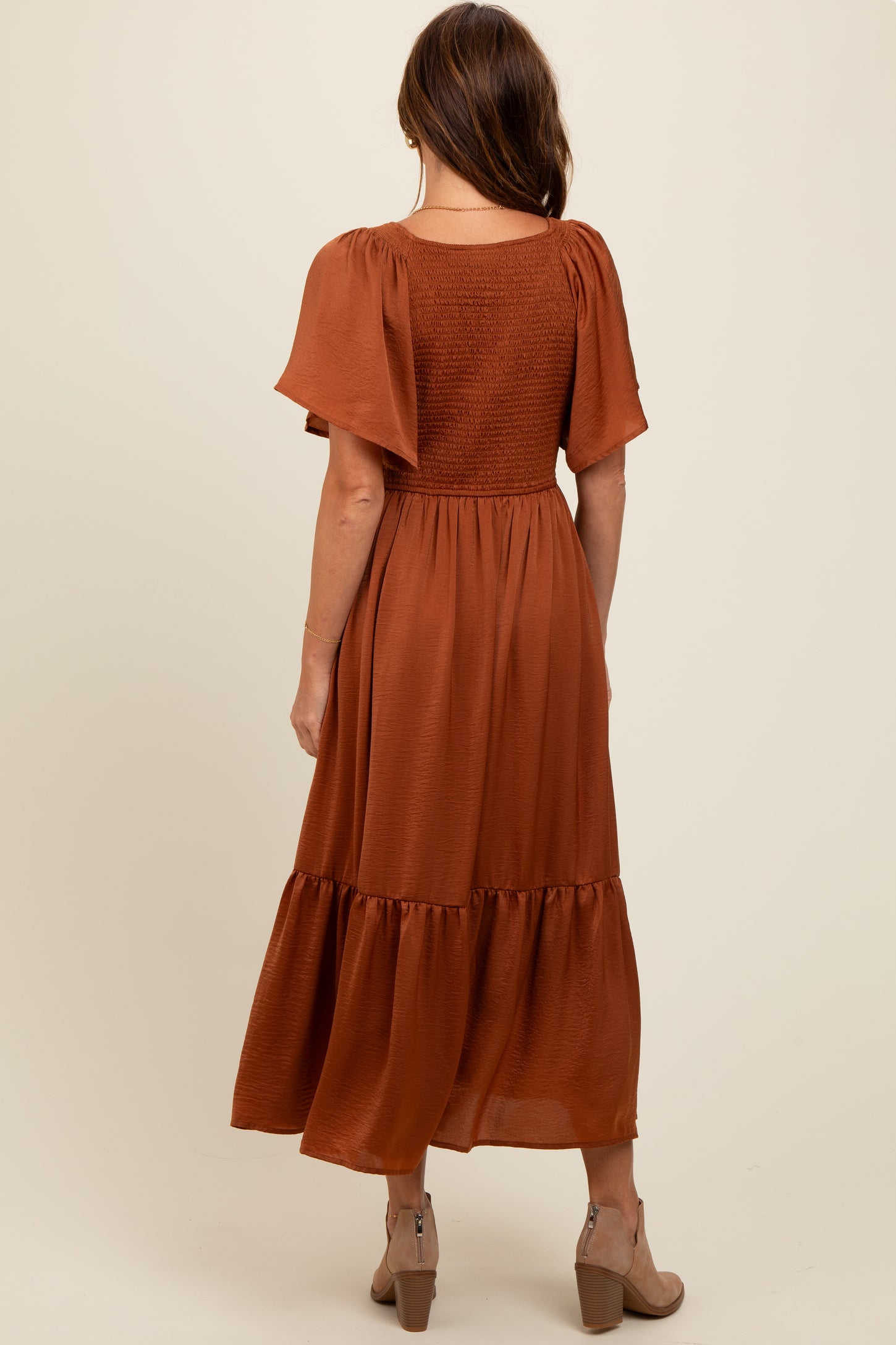 Camel Satin Smocked Midi Dress