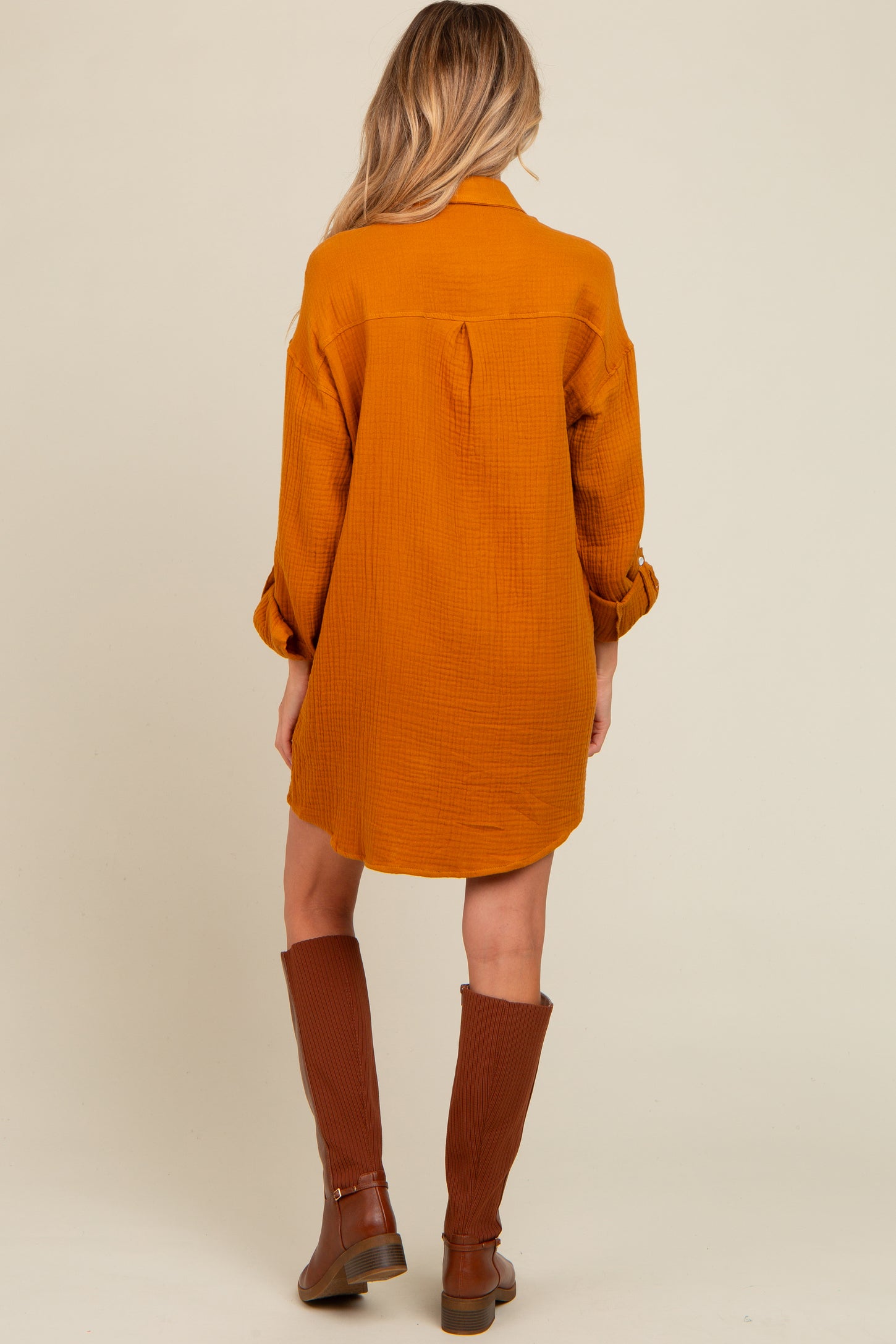 Camel Rolled Cuff Maternity Button Down Dress