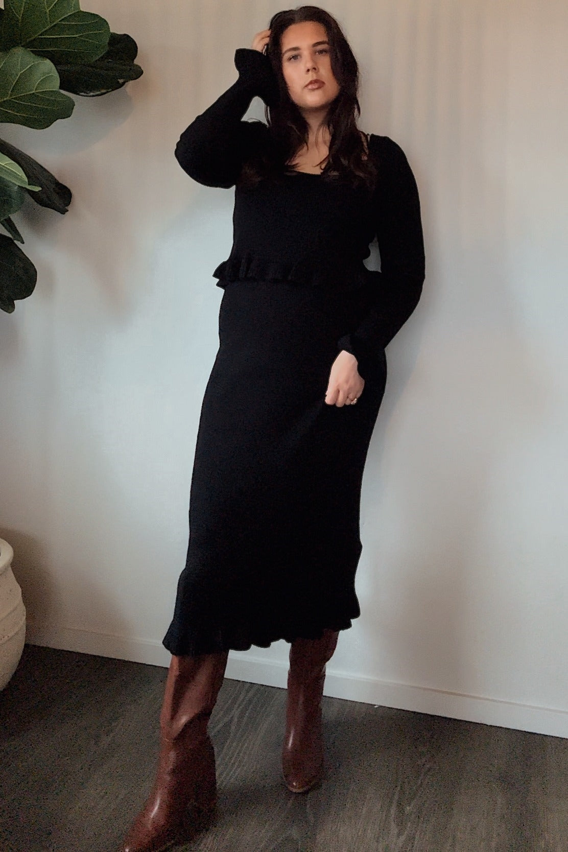 Black Ruffle Hem Knit Top And Midi Skirt Set