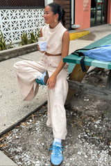 Sand Texture Knit Mock Neck Crop Top And Pants Set