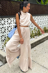 Sand Texture Knit Mock Neck Crop Top And Pants Set