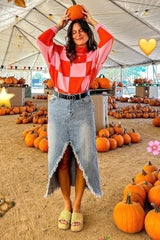 Light Wash Mid Rise Frayed Edge Denim Skirt