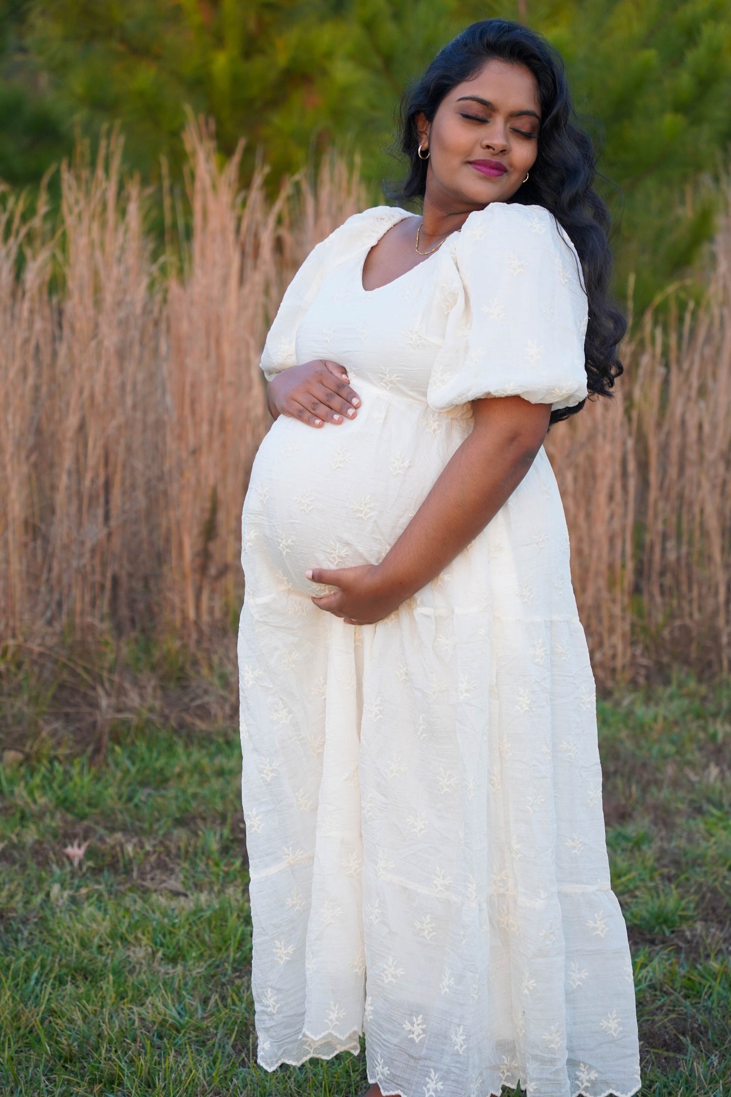 Cream Floral Puff Sleeve Maternity Midi Dress