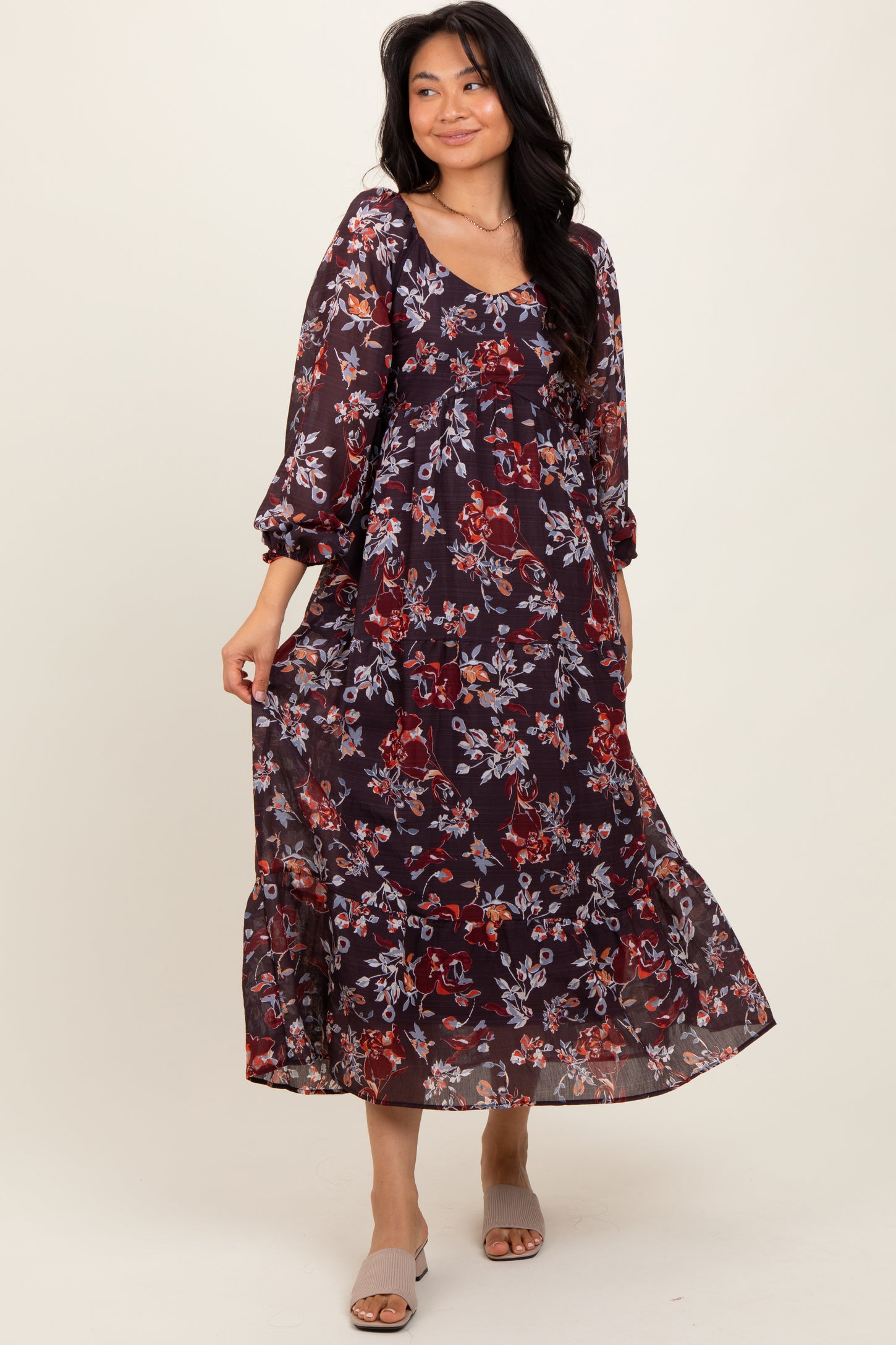 Brown Floral V-Neck Bubble Sleeve Maxi Dress