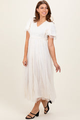 Cream Ruffle Accent Mesh Overlay Maxi Dress