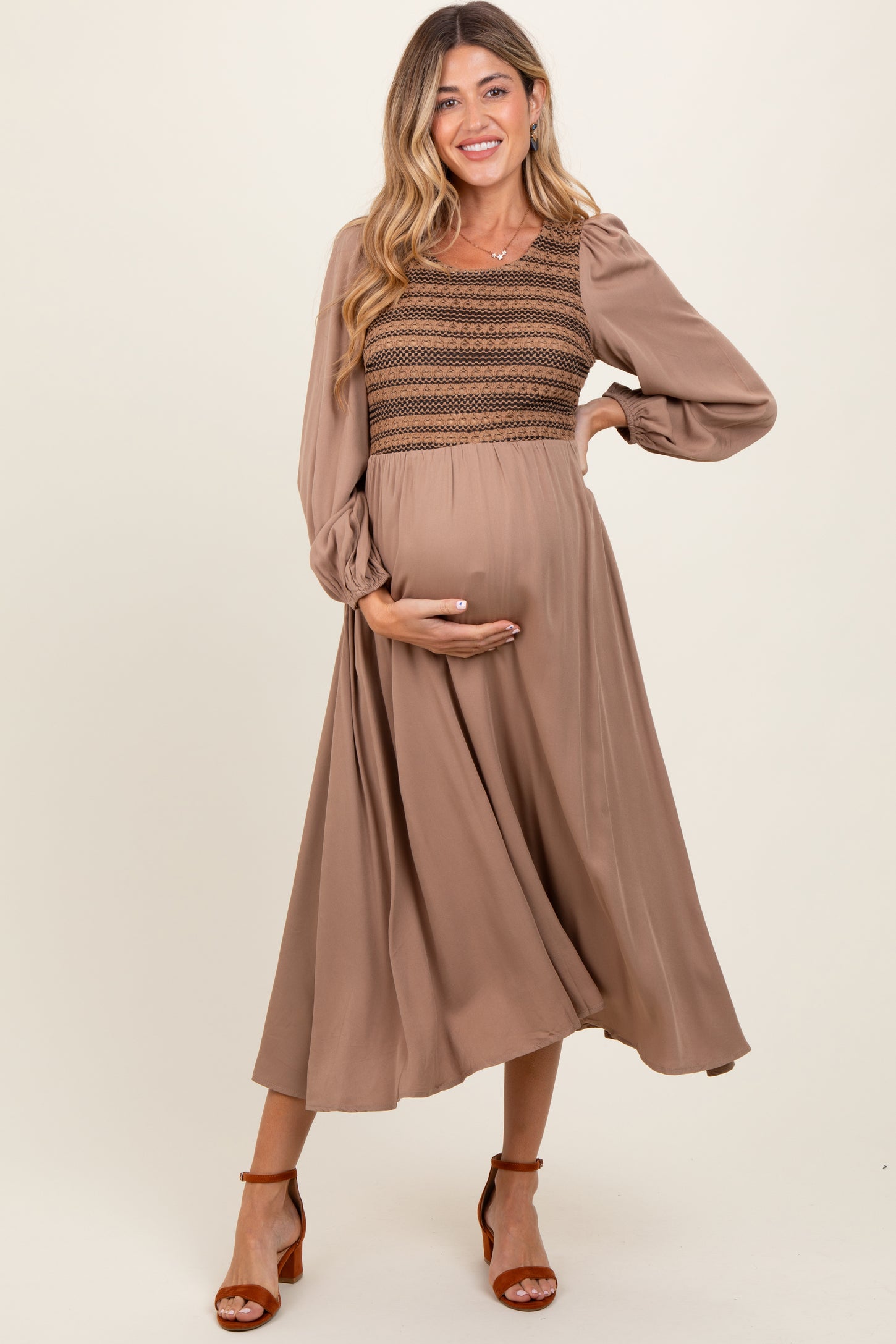 Mocha Contrast Knit Bodice Maternity Maxi Dress
