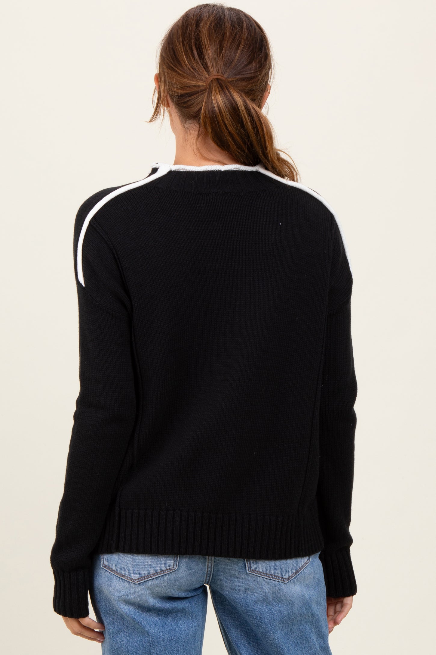 Black Mock Neck Contrast Piping Sweater