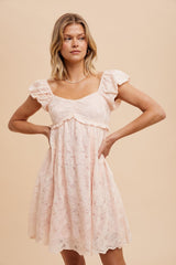 Light Pink Floral Lace Embroidered Puff Sleeve Maternity Dress