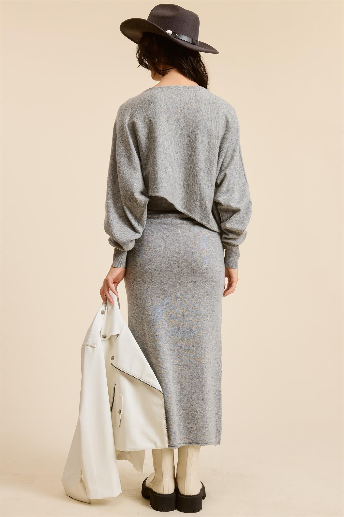 Heather Grey Knit Asymmetrical Top Midi Skirt Set