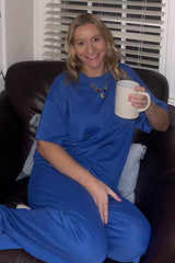 Blue Textured Knit Oversized Tee And Pants Set