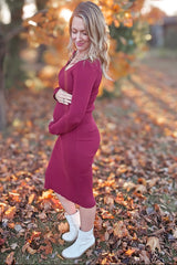 Burgundy Ribbed Knit Side Slit Maternity Midi Dress