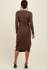 Brown Knit Crossover Ruched Midi Dress