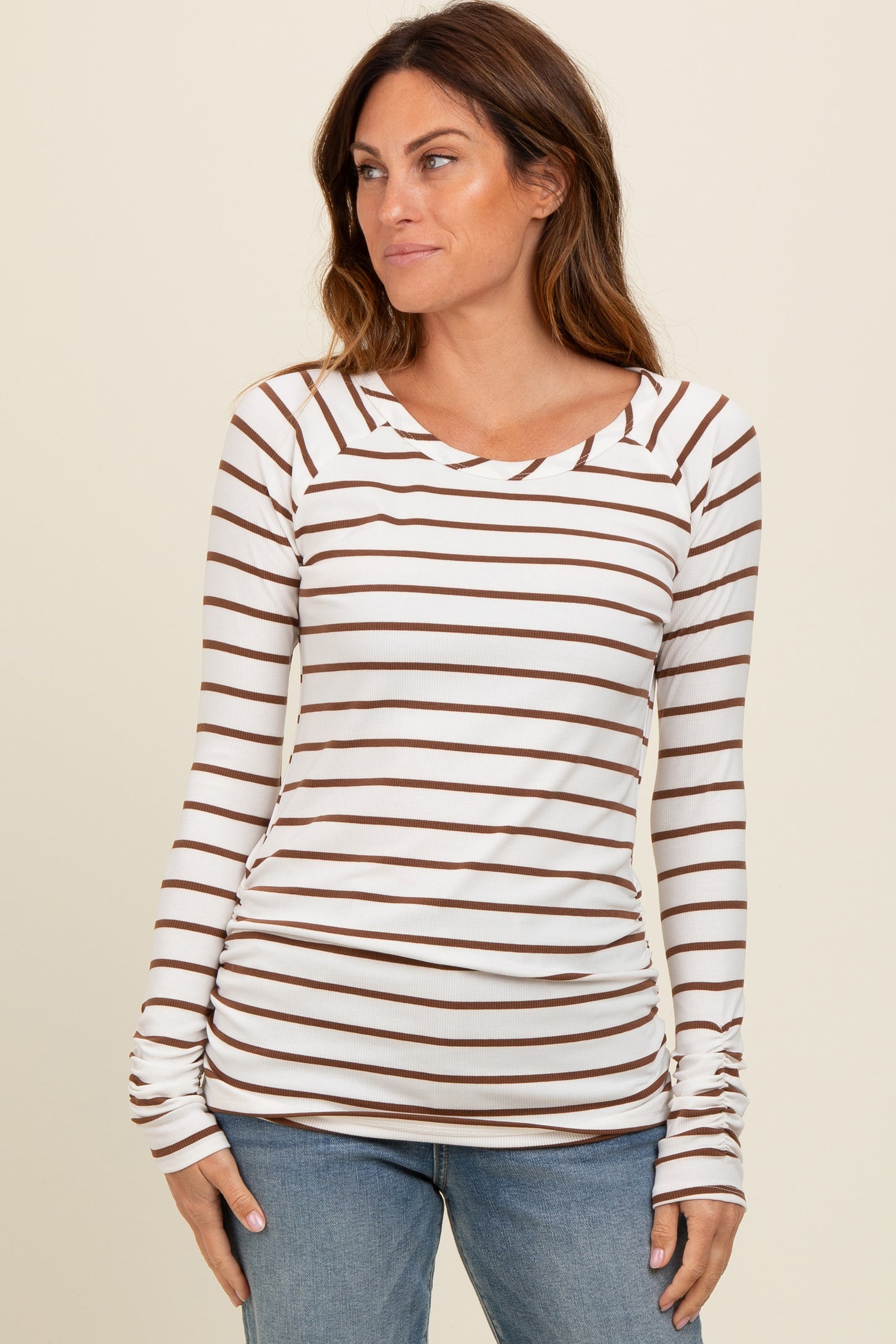 Ivory Striped Ruched Side Maternity Long Sleeve Top