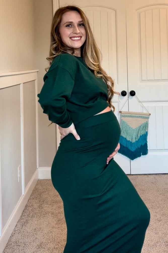 Forest Green Knit Midi Skirt Sweater Maternity Set