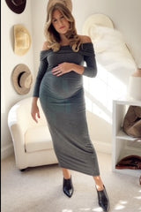 Charcoal Foldover Off Shoulder Long Sleeve Maternity Midi Dress