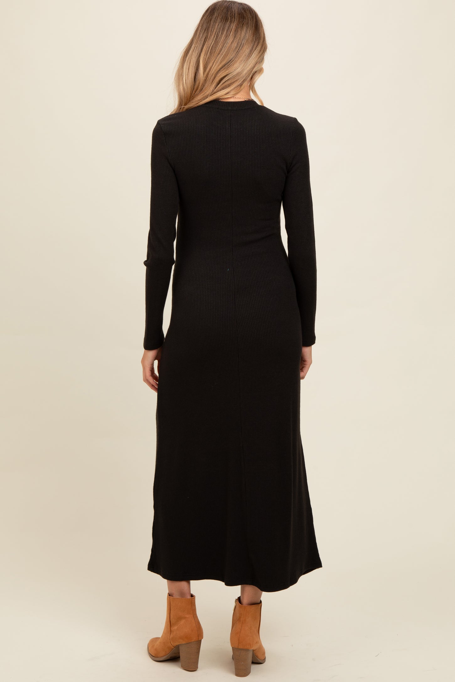 Charcoal Ribbed Knit Side Slit Maternity Midi Dress