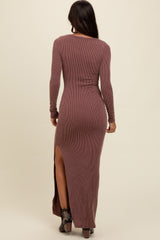 Burgundy Ribbed Long Sleeve Side Slit Maxi Dress