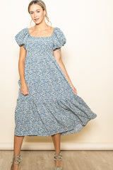 Blue Floral Puffed Sleeve Midi Dress
