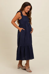 Navy Blue Textured Cotton Ruffle Strap Maternity Midi Dress