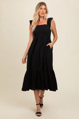 Black Textured Cotton Ruffle Strap Midi Dress