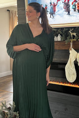 Forest Green Satin Pleated V-Neck Maternity Maxi Dress