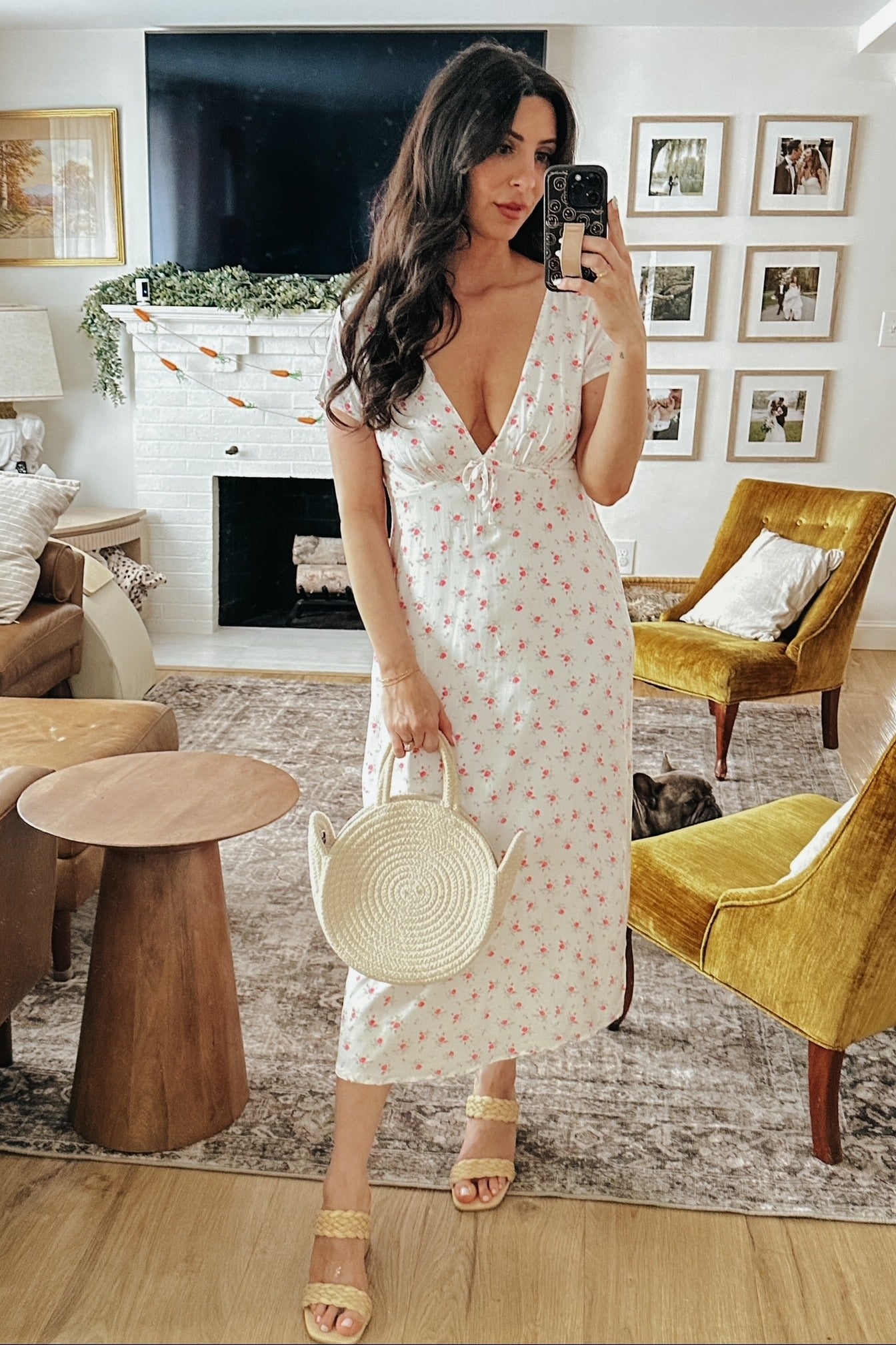 Pink Floral Pattern V-Neck Short Sleeve Long Dress