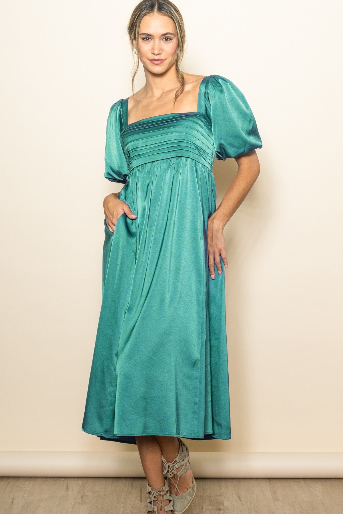 Emerald Green Satin Pleated Bodice Puff Sleeve Maternity Midi Dress